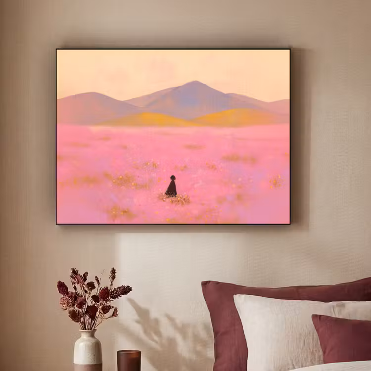 Bloemenweide - Heuvels - Silhouet - Roze Textielframe - compleet frame klein -sfeer1
