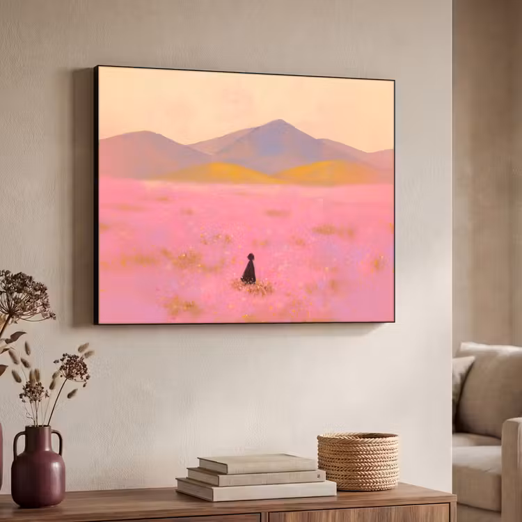 Bloemenweide - Heuvels - Silhouet - Roze Textielframe - compleet frame klein -sfeer3