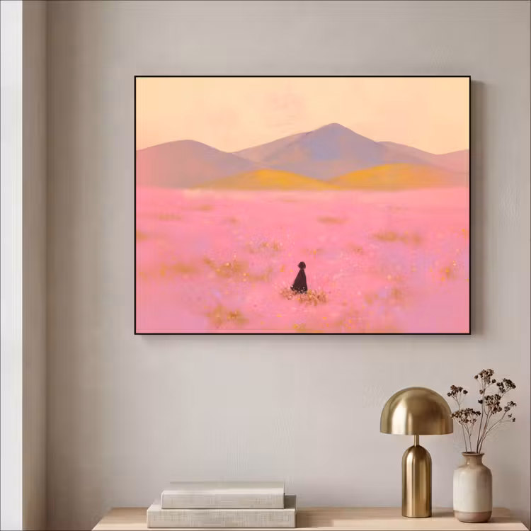 Bloemenweide - Heuvels - Silhouet - Roze Textielframe - compleet frame klein -sfeer2