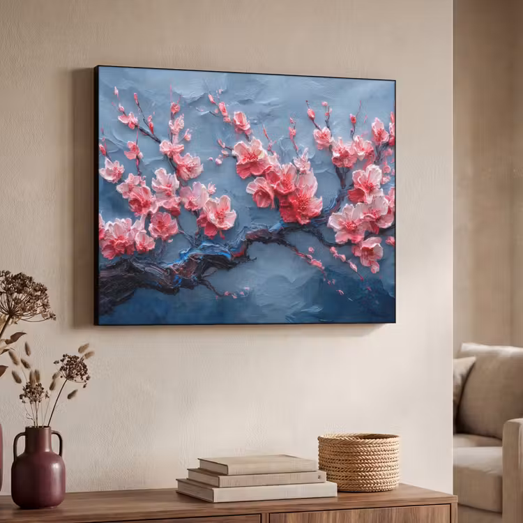 Bloesem - Bloem - Roze - Tak Textielframe zwart klein -sfeer3