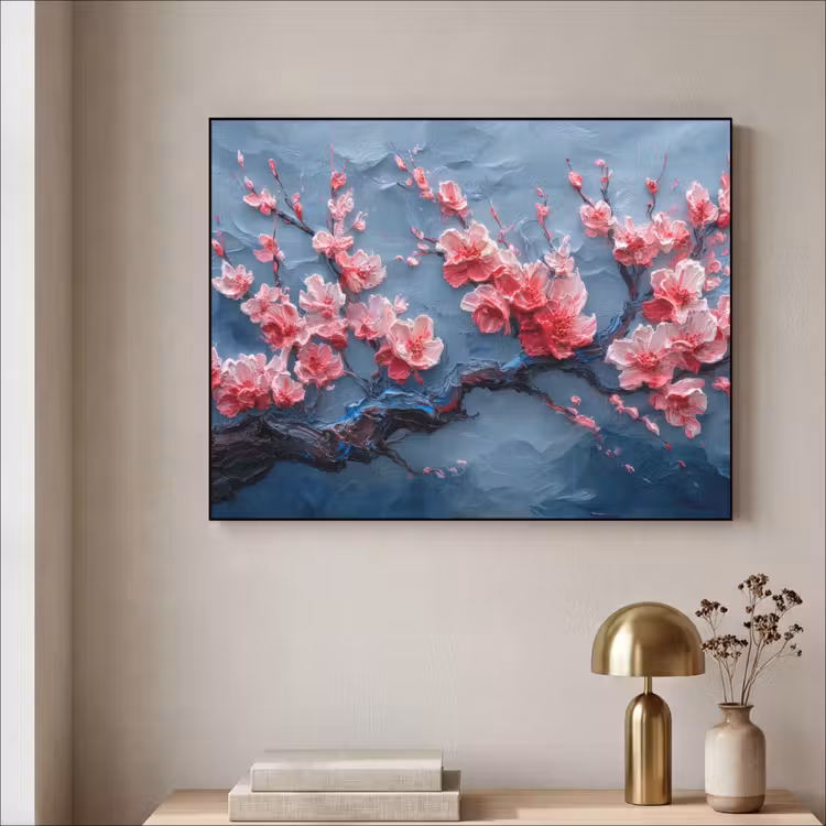 Bloesem - Bloem - Roze - Tak Textielframe zwart klein -sfeer2