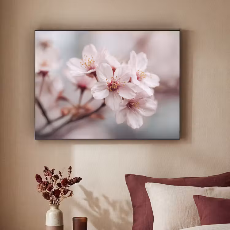 Bloesems - Meeldraden - Geel - Wazig Textielframe zwart klein -sfeer1