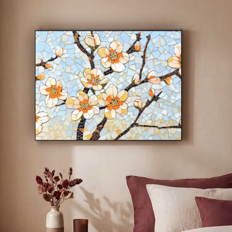 Bloesems - Wit - Mozaïek - Tak Textielframe - compleet frame klein -sfeer1