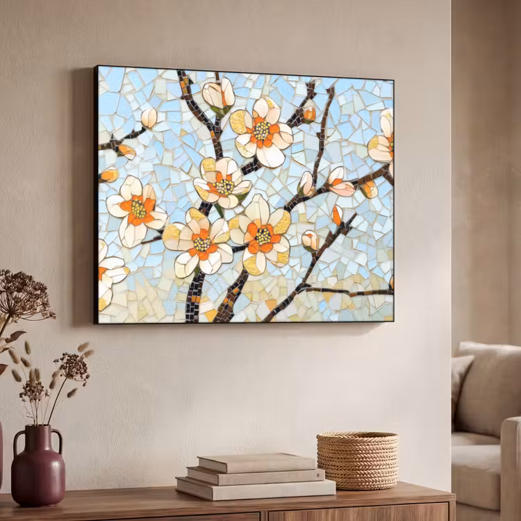 Bloesems - Wit - Mozaïek - Tak Textielframe - compleet frame klein -sfeer3