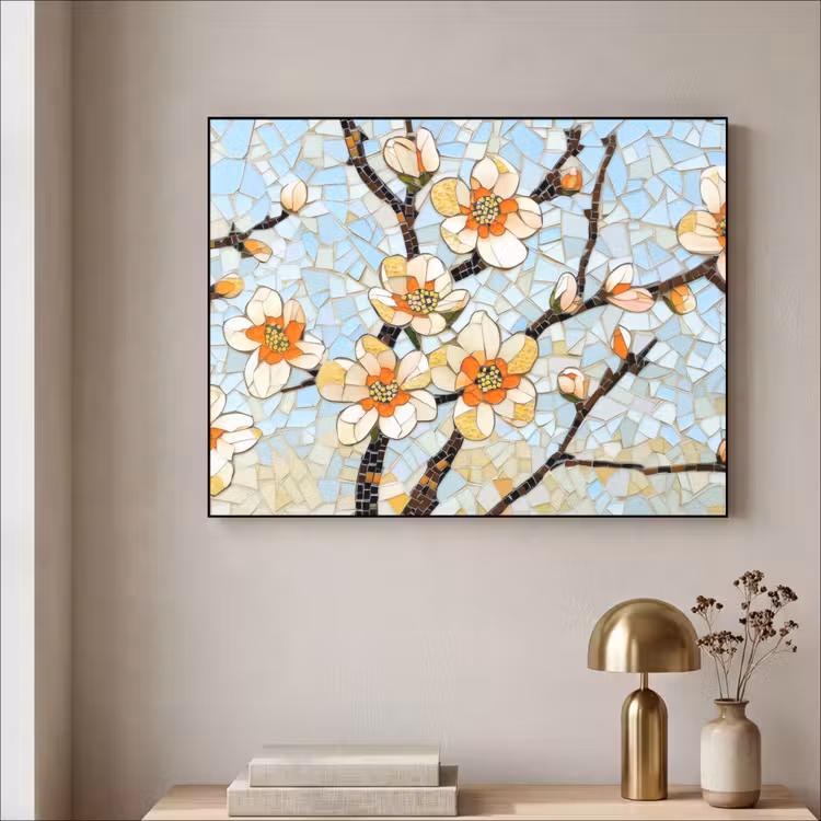 Bloesems - Wit - Mozaïek - Tak Textielframe - compleet frame klein -sfeer2