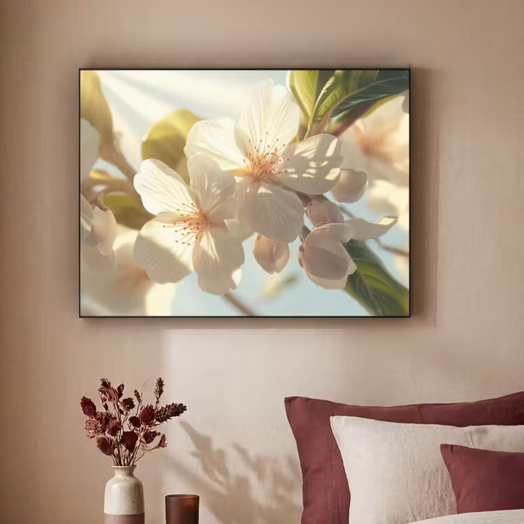 Bloesems - Wit - Zonnestralen - Bloemblaadjes Textielframe - compleet frame klein -sfeer1