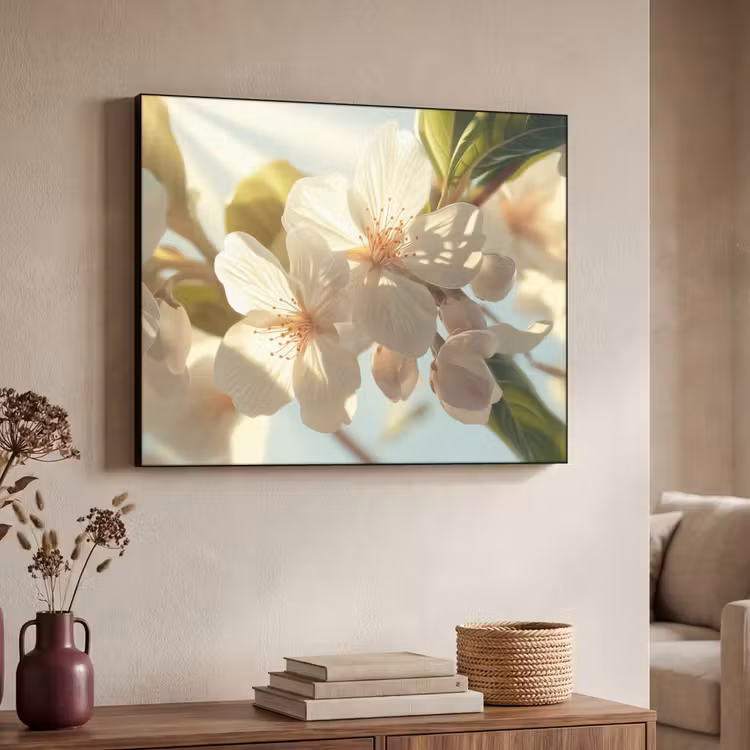 Bloesems - Wit - Zonnestralen - Bloemblaadjes Textielframe - compleet frame klein -sfeer3