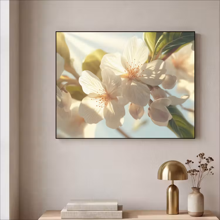 Bloesems - Wit - Zonnestralen - Bloemblaadjes Textielframe zwart klein -sfeer2
