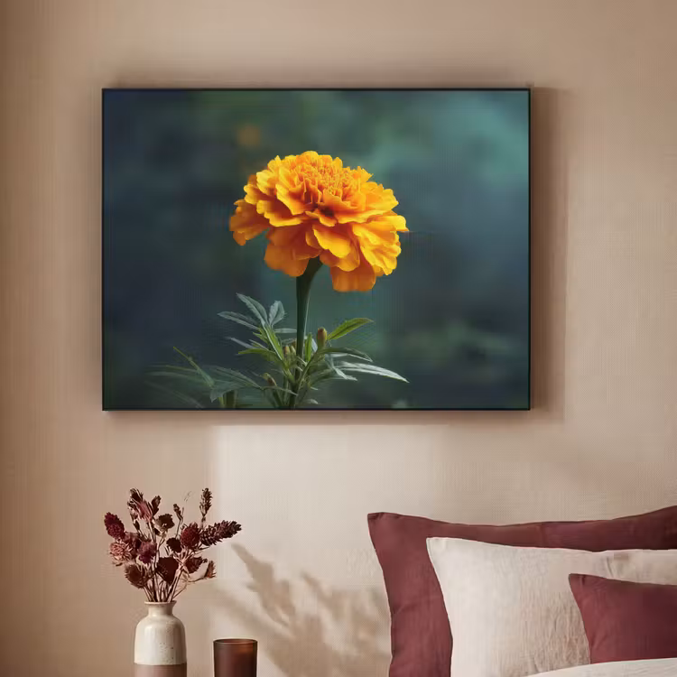 Bloemblaadjes - Afrikaan - Oranje - Wazig Textielframe zwart klein -sfeer1