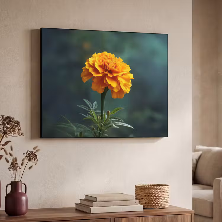 Bloemblaadjes - Afrikaan - Oranje - Wazig Textielframe zwart klein -sfeer3