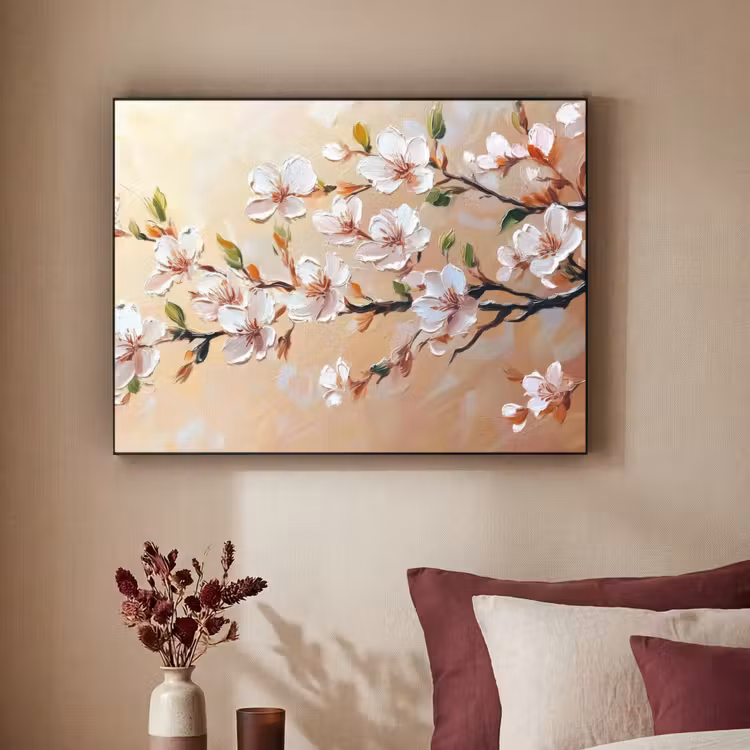 Bloesemtakken - Schilderachtig - Roze Textielframe - compleet frame klein -sfeer1