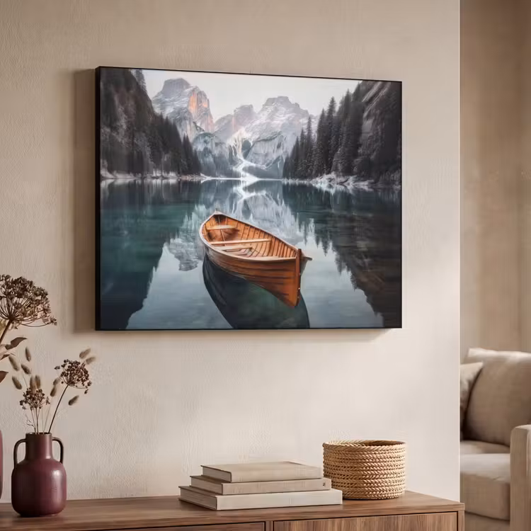 Boot - Bergen - Natuur - Water Textielframe zwart klein -sfeer3