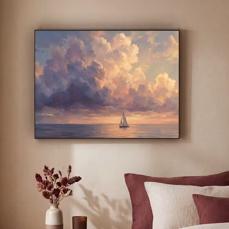 Boot - Zonsondergang - Zee - Natuur - Goud Textielframe zwart klein -sfeer1