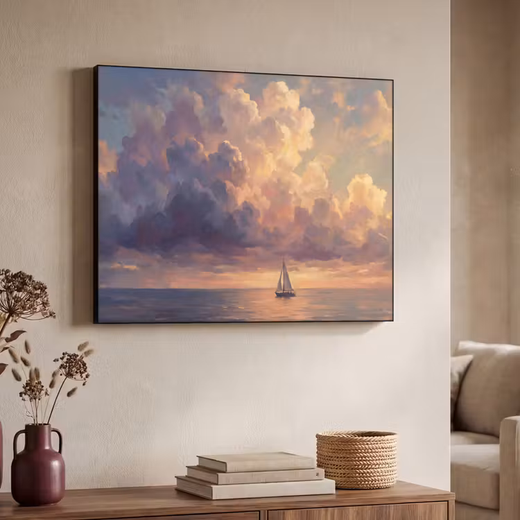 Boot - Zonsondergang - Zee - Natuur - Goud Textielframe zwart klein -sfeer3