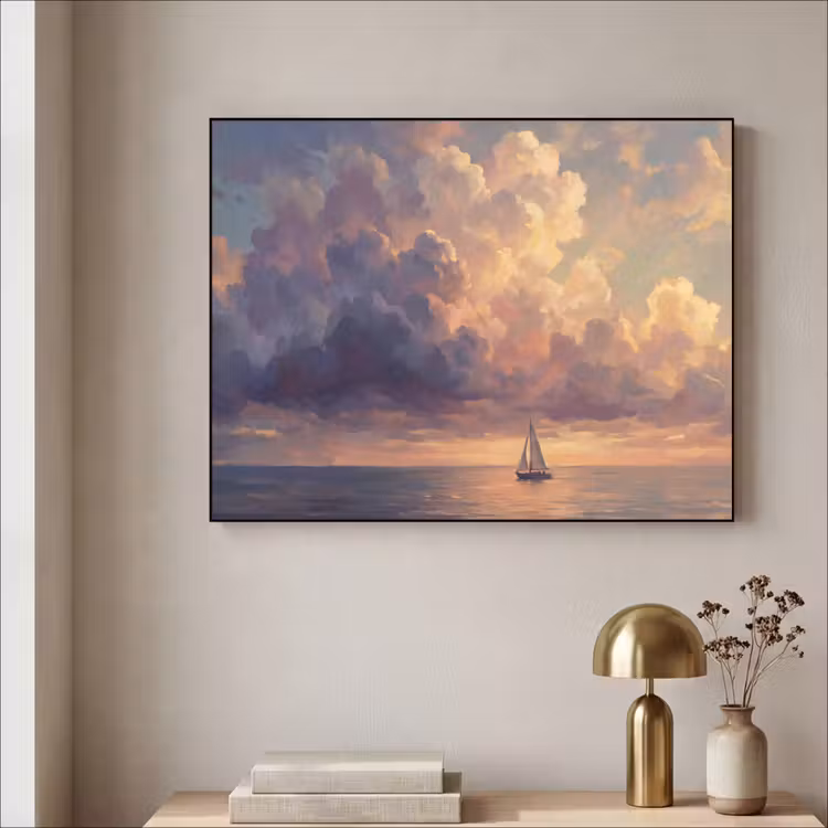 Boot - Zonsondergang - Zee - Natuur - Goud Textielframe zwart klein -sfeer2