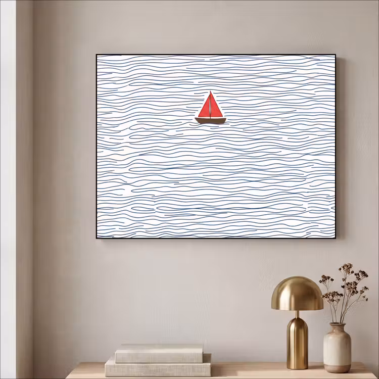 Boot - Water - Rood - Illustratie - Minimalistisch Textielframe zwart klein -sfeer2