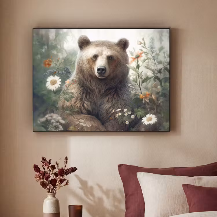 Bruine beer - Wilde dieren - Bloemen - Planten Textielframe zwart klein -sfeer1