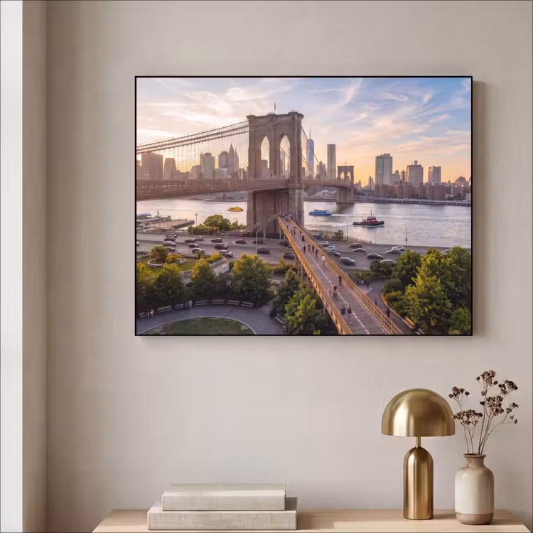Brug - Rivier - Stad - Zonsondergang - Architectuur Textielframe zwart klein -sfeer2