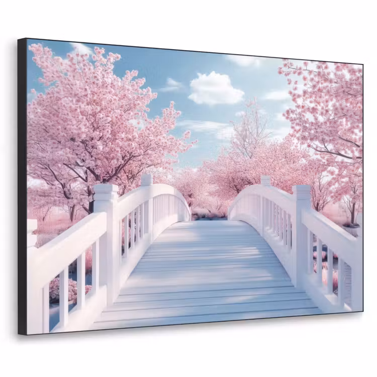 Brug - Kersenbomen - Wit Textielframe zwart klein -3d