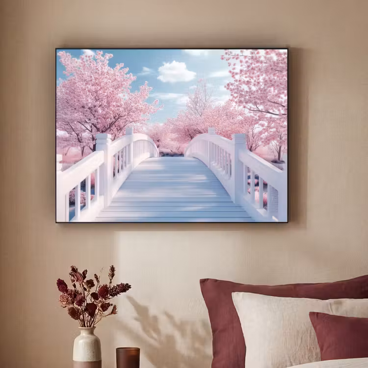 Brug - Kersenbomen - Wit Textielframe zwart klein -sfeer1