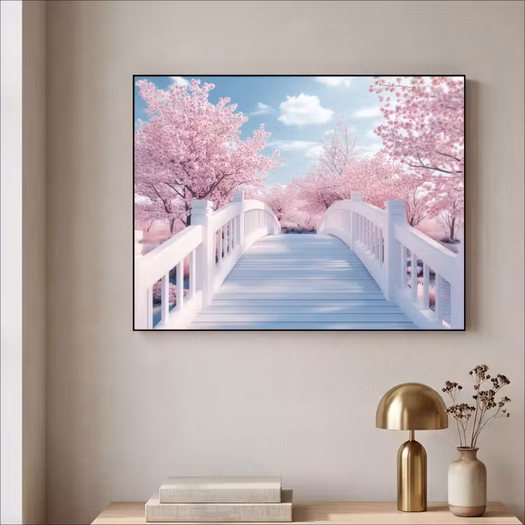 Brug - Kersenbomen - Wit Textielframe zwart klein -sfeer2