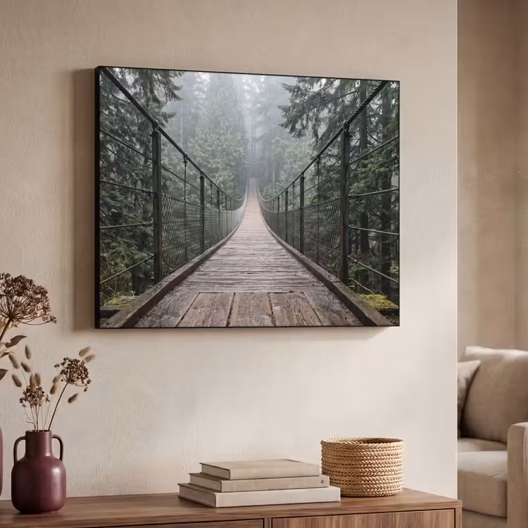 Brug - Bos - Mist - Natuur Textielframe zwart klein -sfeer3