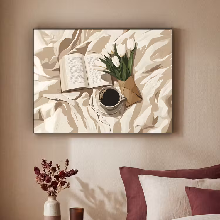 Boek - Illustratie - Tulpen - Koffie Textielframe - compleet frame klein -sfeer1