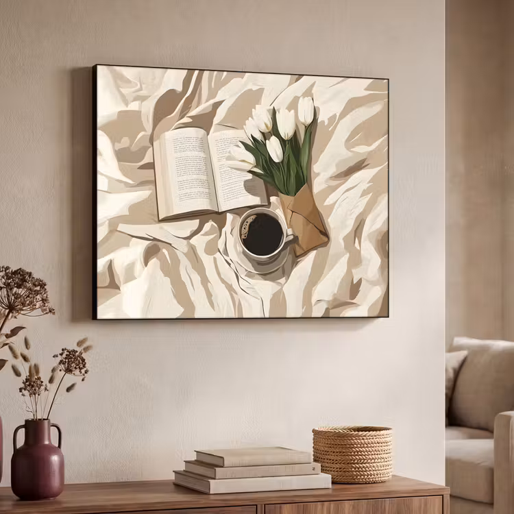Boek - Illustratie - Tulpen - Koffie Textielframe zwart klein -sfeer3
