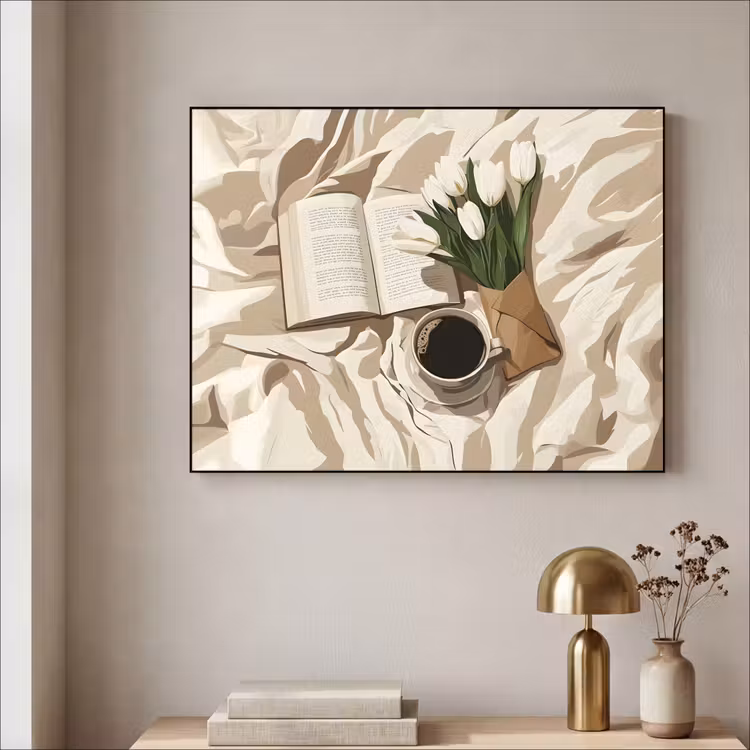 Boek - Illustratie - Tulpen - Koffie Textielframe zwart klein -sfeer2
