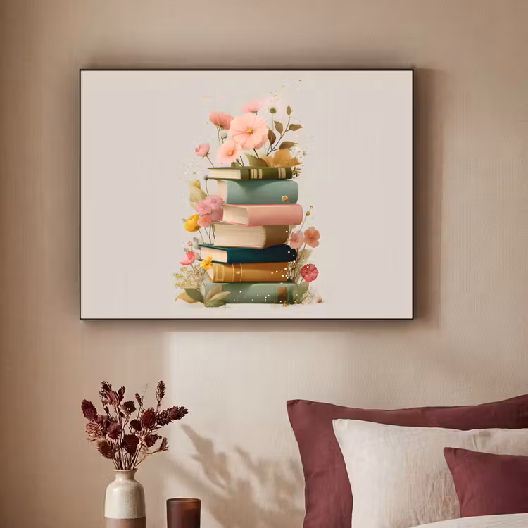 Boeken - Stapel - Bloemen - Kleurrijk Textielframe - compleet frame klein -sfeer1