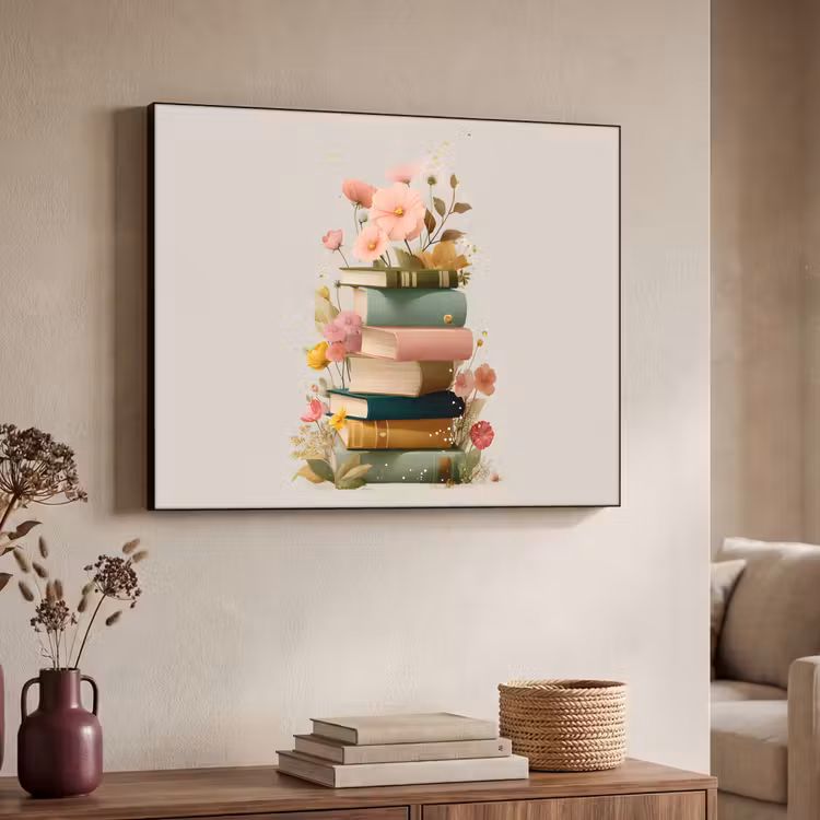 Boeken - Stapel - Bloemen - Kleurrijk Textielframe - compleet frame klein -sfeer3