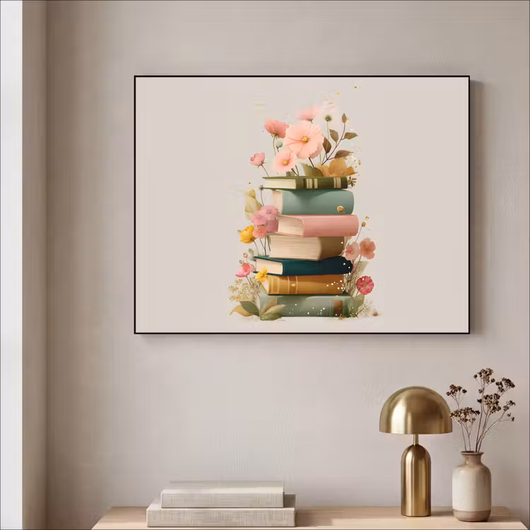 Boeken - Stapel - Bloemen - Kleurrijk Textielframe - compleet frame klein -sfeer2