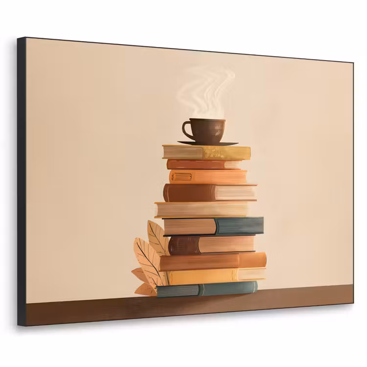 Boeken - Toren - Koffie - Beige Textielframe zwart klein -3d