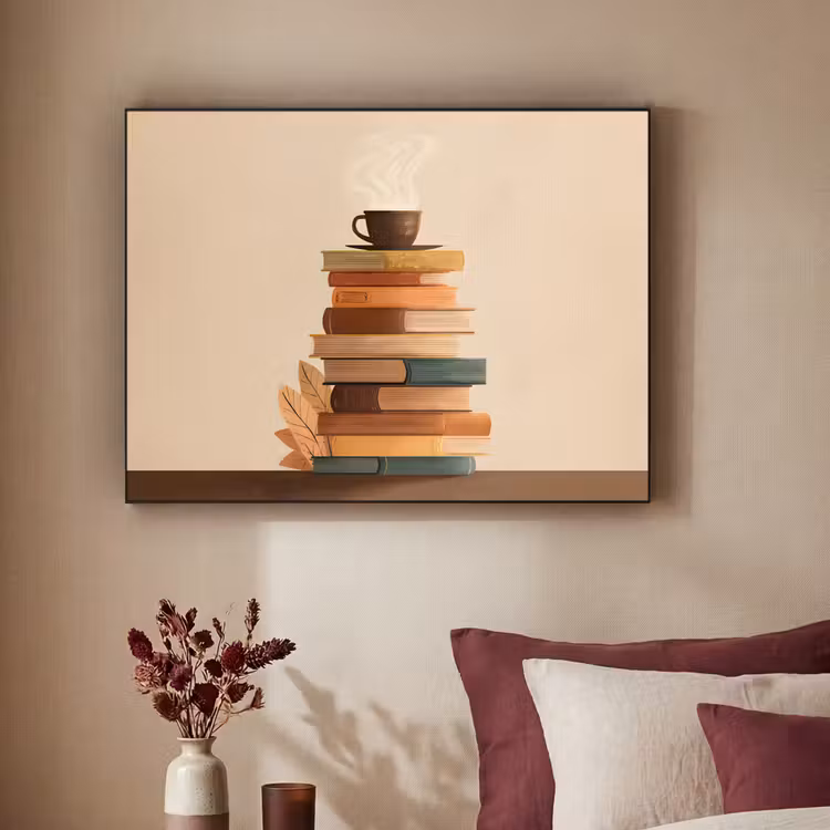 Boeken - Toren - Koffie - Beige Textielframe zwart klein -sfeer1