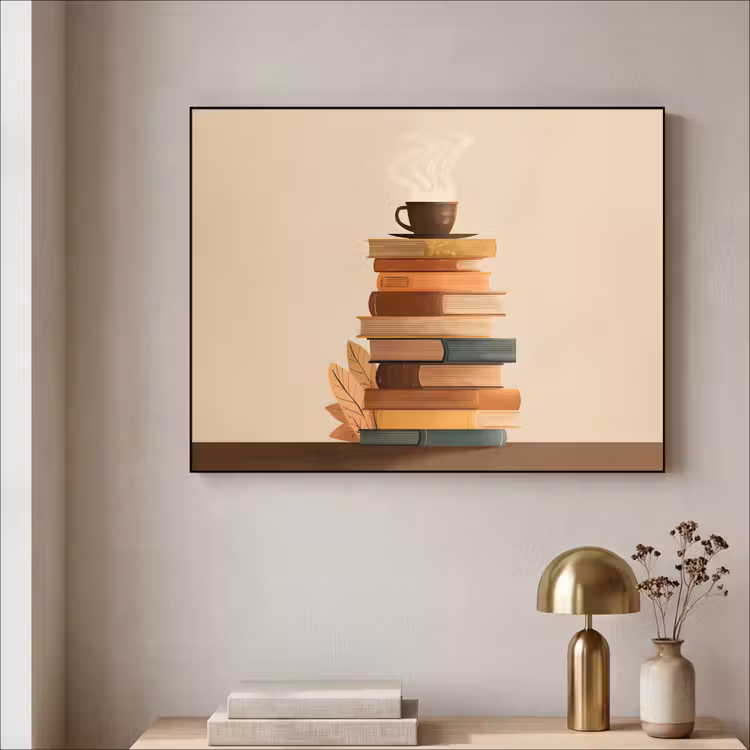 Boeken - Toren - Koffie - Beige Textielframe zwart klein -sfeer2