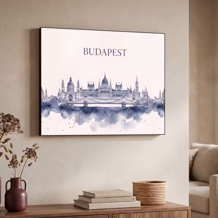 Boedapest - Skyline - Architectuur - Aquarel - Blauw Textielframe zwart klein -sfeer3