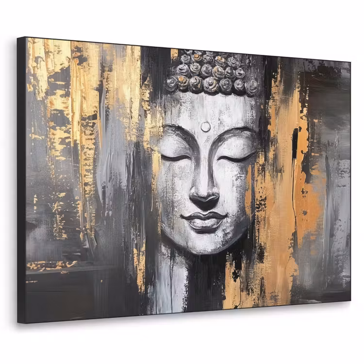 Boedhha - Penseelstreken - Goud - Abstract Textielframe zwart klein -3d