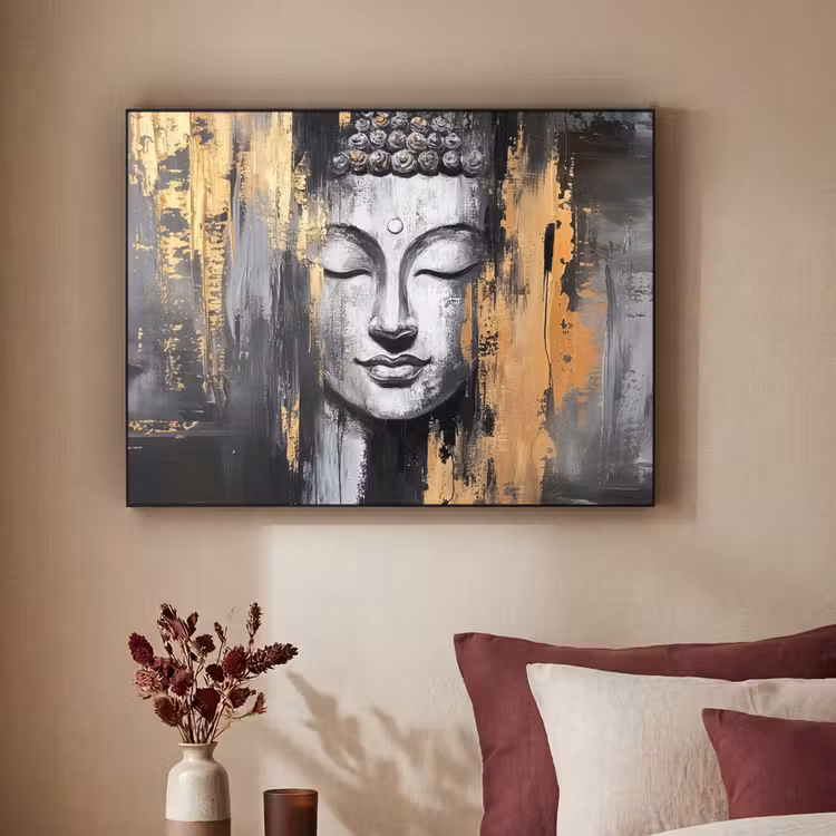 Boedhha - Penseelstreken - Goud - Abstract Textielframe zwart klein -sfeer1