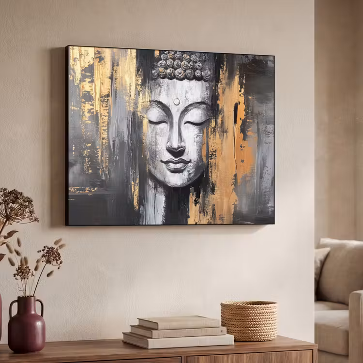 Boedhha - Penseelstreken - Goud - Abstract Textielframe - compleet frame klein -sfeer3