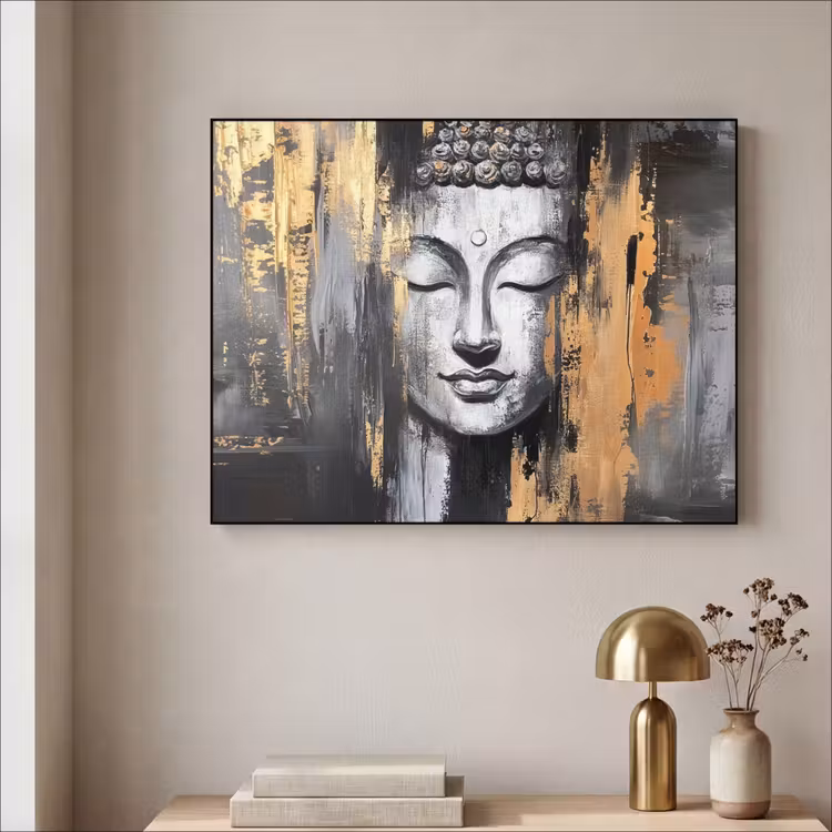 Boedhha - Penseelstreken - Goud - Abstract Textielframe - compleet frame klein -sfeer2