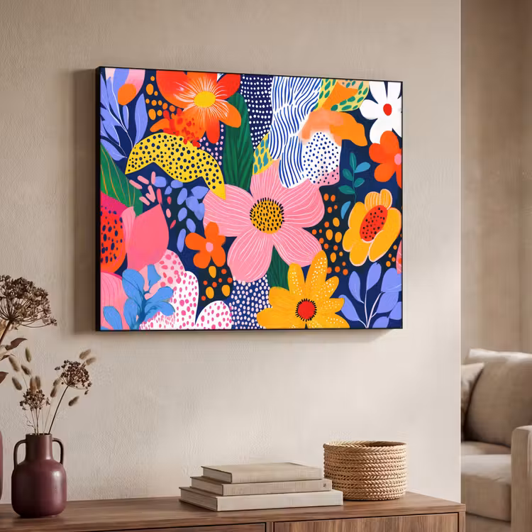 Kleurrijk - Bloemen - Abstract - Stippen Textielframe zwart klein -sfeer3