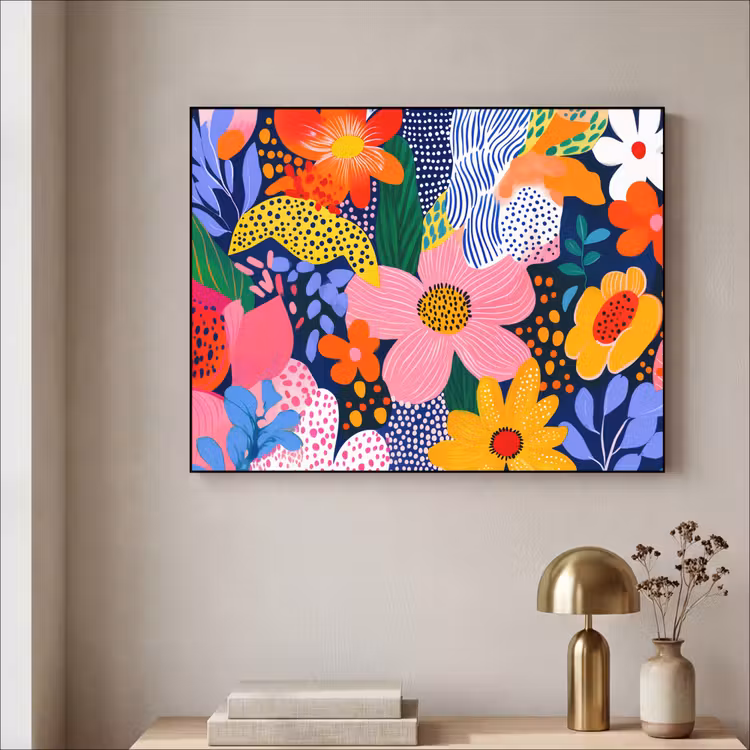 Kleurrijk - Bloemen - Abstract - Stippen Textielframe - compleet frame klein -sfeer2