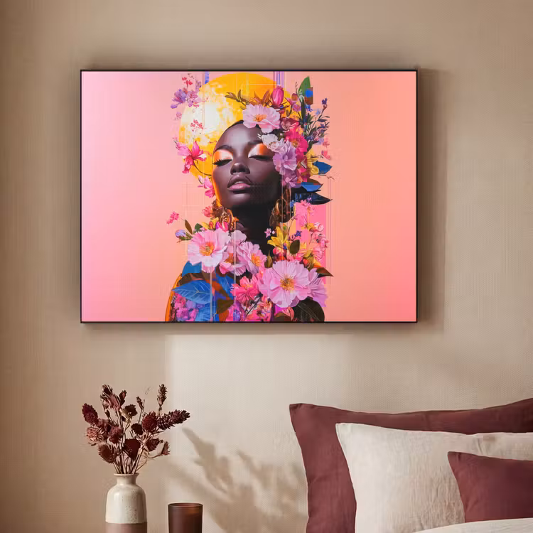 Kleurrijk - Bloemen - Vrouw - Zon Textielframe zwart klein -sfeer1