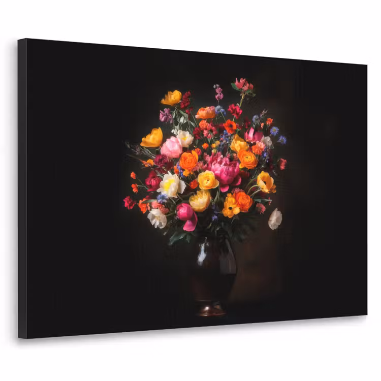 Kleurrijk - Boeket - Vaas - Donkerbruin Textielframe - compleet frame klein -3d