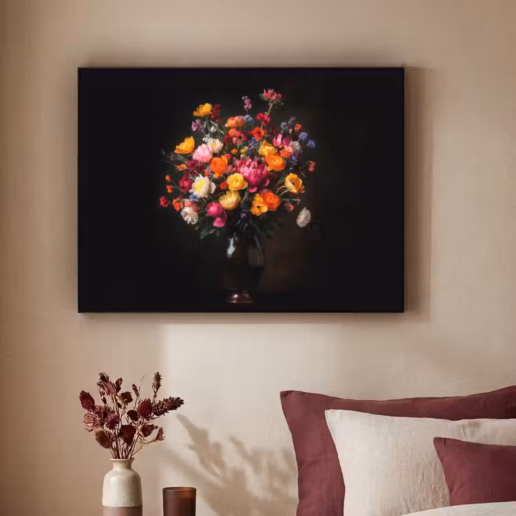 Kleurrijk - Boeket - Vaas - Donkerbruin Textielframe zwart klein -sfeer1