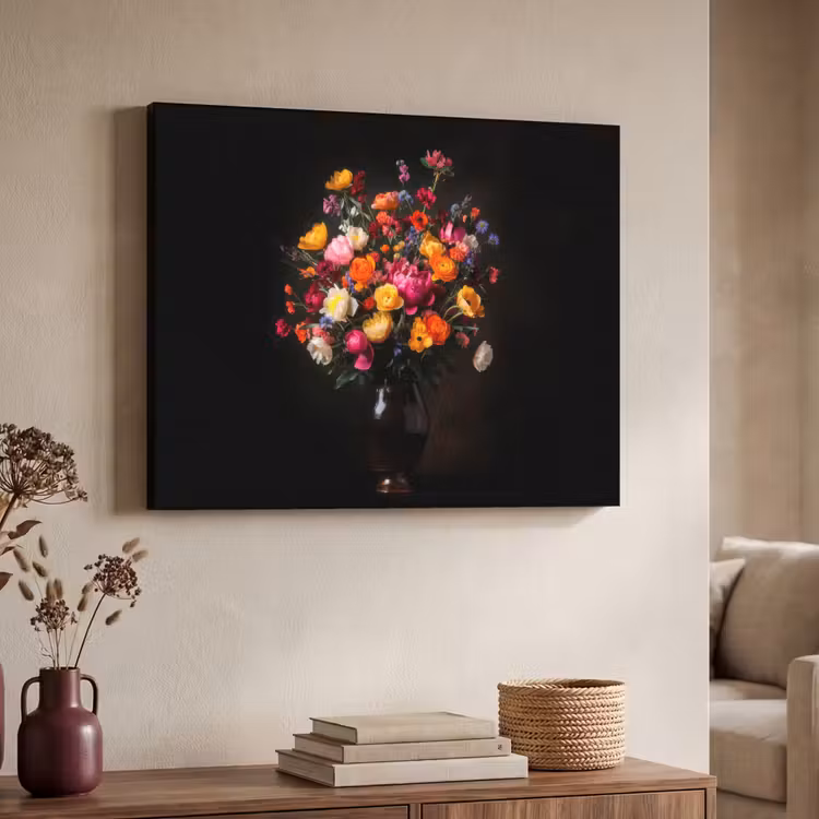 Kleurrijk - Boeket - Vaas - Donkerbruin Textielframe zwart klein -sfeer3