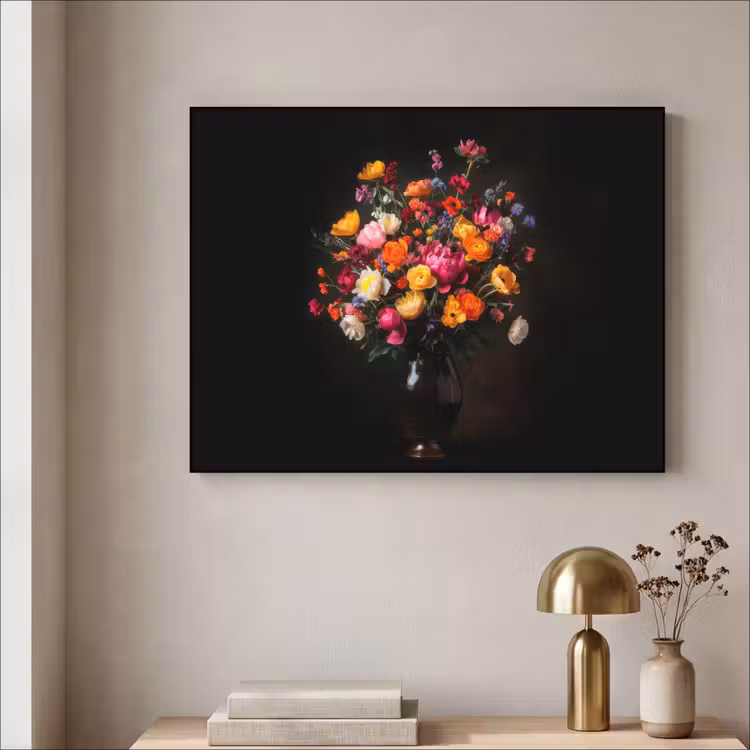 Kleurrijk - Boeket - Vaas - Donkerbruin Textielframe zwart klein -sfeer2