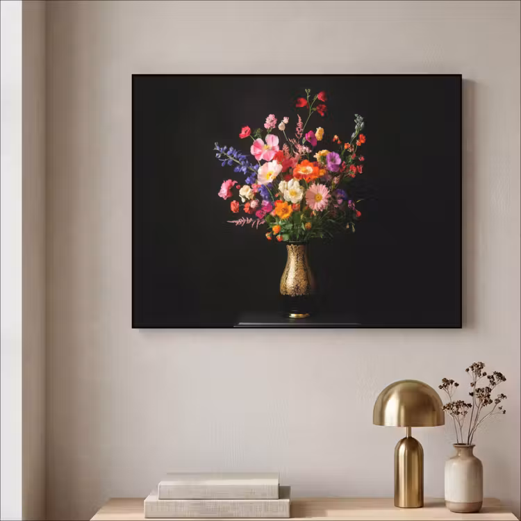 Kleurrijk - Boeket - Vaas - Goud Textielframe zwart klein -sfeer2