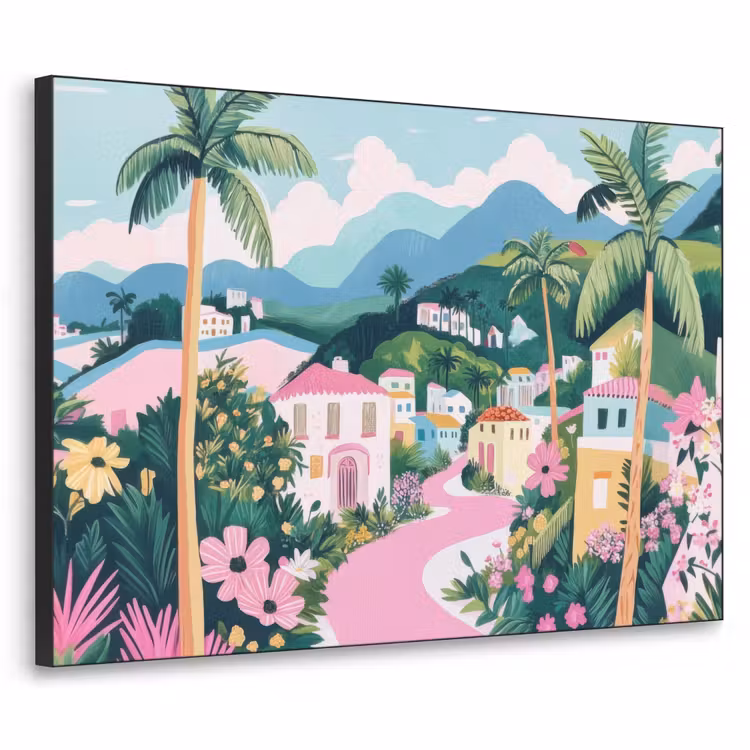Kleurrijk - Huizen - Heuvels - Roze Textielframe - compleet frame klein -3d