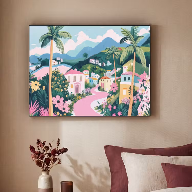 Kleurrijk - Huizen - Heuvels - Roze Textielframe zwart klein -sfeer1
